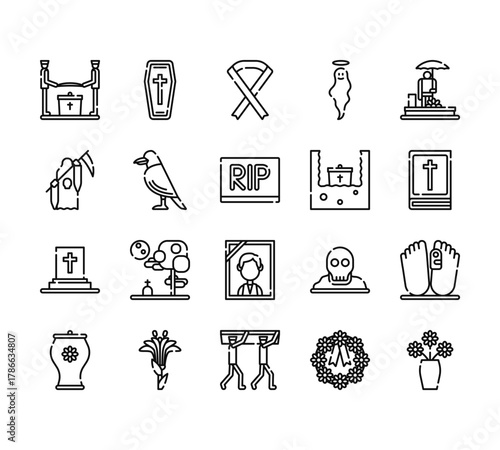 20 set of outline web funeral icons such as coffin, death, grave, urn, people vector thin icons for report, presentation, diagram, web design, mobile app