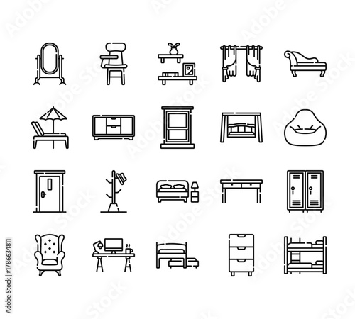 20 set of outline web furnitures icons such as school desk, beach chair, door, wingback chair, trundle bed vector thin icons for report, presentation, diagram, web design, mobile app