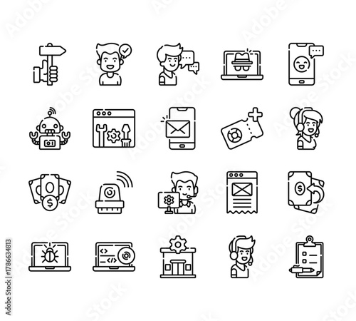 20 set of outline web support icons such as solved, robot, pricing, bug, service center vector thin icons for report, presentation, diagram, web design, mobile app