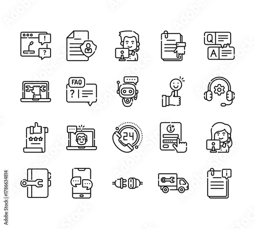 20 set of outline web support icons such as privacy policy, repair, rating, manual book, connect vector thin icons for report, presentation, diagram, web design, mobile app