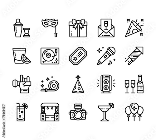20 set of outline web event icons such as eye mask, tequila, rock, juice, camera vector thin icons for report, presentation, diagram, web design, mobile app