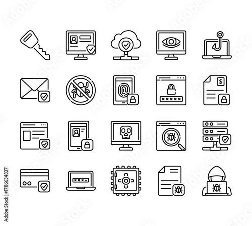 20 set of outline web data protection icons such as website, email, website, transaction, safety box vector thin icons for report, presentation, diagram, web design, mobile app
