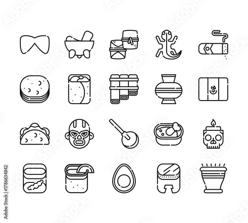 20 set of outline web mexico icons such as molcajete, tortilla, taco, mezcal, avocado vector thin icons for report, presentation, diagram, web design, mobile app