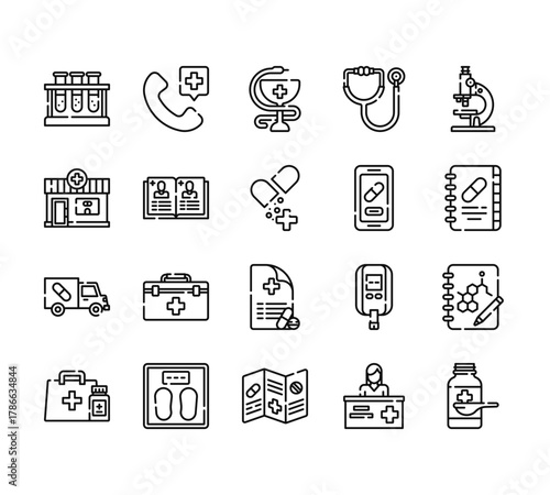 20 set of outline web phary icons such as phone, phary, truck, phary, leaflet vector thin icons for report, presentation, diagram, web design, mobile app