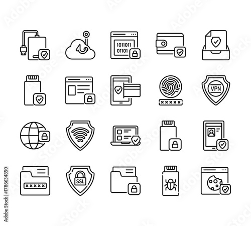 20 set of outline web data protection icons such as phishing, flash disk, network, document, data vector thin icons for report, presentation, diagram, web design, mobile app