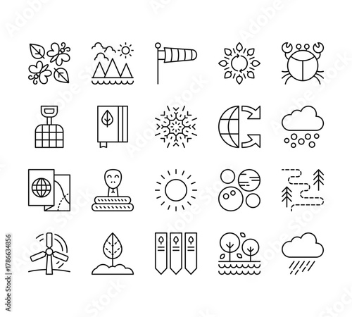 20 set of outline web geography icons such as mountains, shovel, map, eolic energy, environment vector thin icons for report, presentation, diagram, web design, mobile app