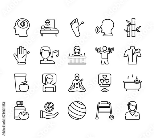 20 set of outline web theraphy icons such as radiation, acupuncture, juice, tomato, exercise vector thin icons for report, presentation, diagram, web design, mobile app