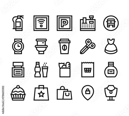 20 set of outline web mall icons such as wifi, wristwatch, perfume, cupcake, shopping bag vector thin icons for report, presentation, diagram, web design, mobile app