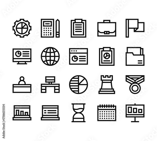 20 set of outline web strategy and management icons such as calculator, computer, boss, laptop, hourglass vector thin icons for report, presentation, diagram, web design, mobile app