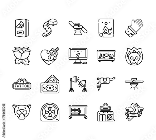 20 set of outline web tattoo studio icons such as snake, rose, neon, panther, furniture vector thin icons for report, presentation, diagram, web design, mobile app