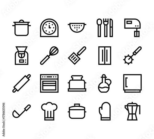 20 set of outline web cooking icons such as kitchen timer,  , rolling pin, ladle, pot vector thin icons for report, presentation, diagram, web design, mobile app