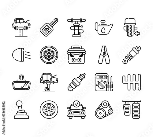 20 set of outline web car repair icons such as car key, car, rearview mirror, gearshift, diagtic vector thin icons for report, presentation, diagram, web design, mobile app