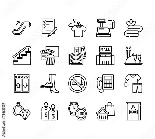 20 set of outline web mall icons such as shopping list, stairs, elevator, jewelry, watch vector thin icons for report, presentation, diagram, web design, mobile app