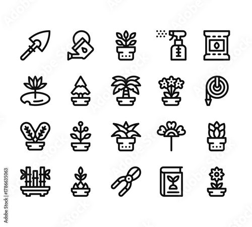 20 set of outline web house plants icons such as watering can, water lily, plant, bamboo, secateurs vector thin icons for report, presentation, diagram, web design, mobile app