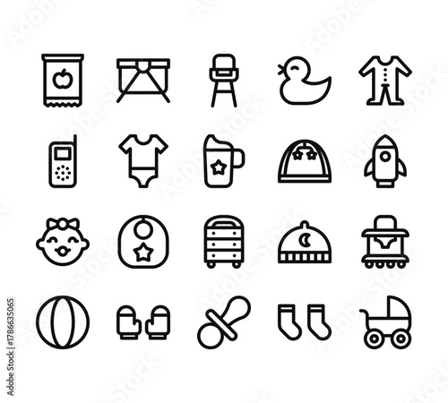 20 set of outline web baby icons such as crib, walkie talkie, baby, ball, pacifier vector thin icons for report, presentation, diagram, web design, mobile app