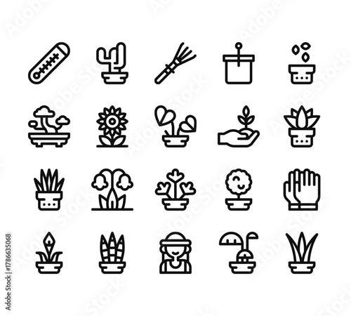 20 set of outline web house plants icons such as cactus, bonsai, sansevieria trifasciata, lily, gardener vector thin icons for report, presentation, diagram, web design, mobile app