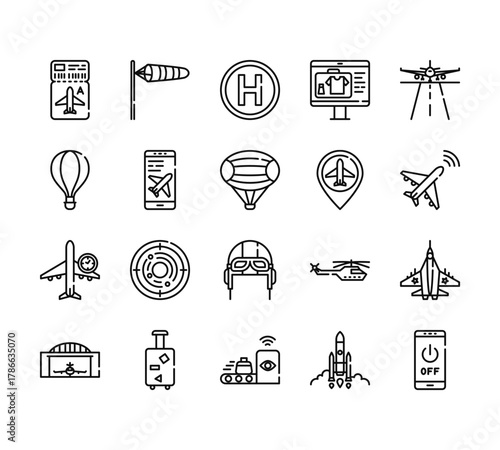20 set of outline web aviation icons such as windsock, hot air balloon, flight time, hangar, scan vector thin icons for report, presentation, diagram, web design, mobile app