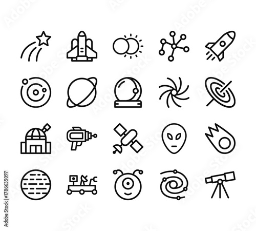 20 set of outline web space icons such as spaceship, solar system, observatory, jupiter, alien vector thin icons for report, presentation, diagram, web design, mobile app