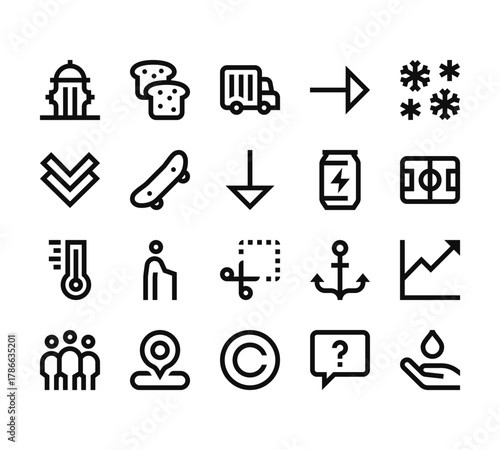 20 set of outline web miscellaneous icons such as bread, down chevron, thermometer, group, copyright vector thin icons for report, presentation, diagram, web design, mobile app