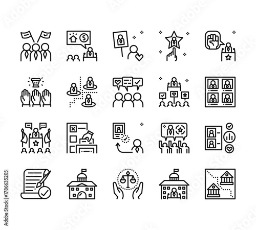 20 set of outline web election world icons such as policy, democracy, president, correction, law vector thin icons for report, presentation, diagram, web design, mobile app