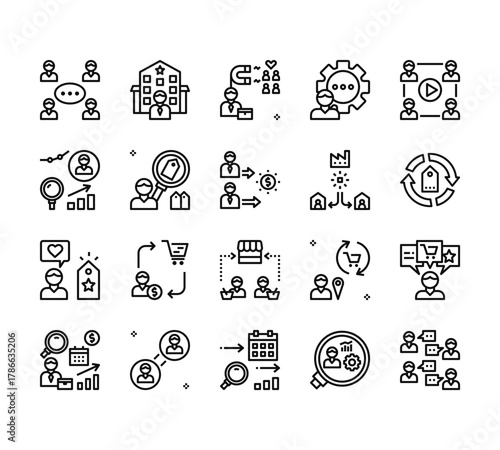 20 set of outline web customer engagement icons such as firm, measure, loyalty, marketing, long term vector thin icons for report, presentation, diagram, web design, mobile app