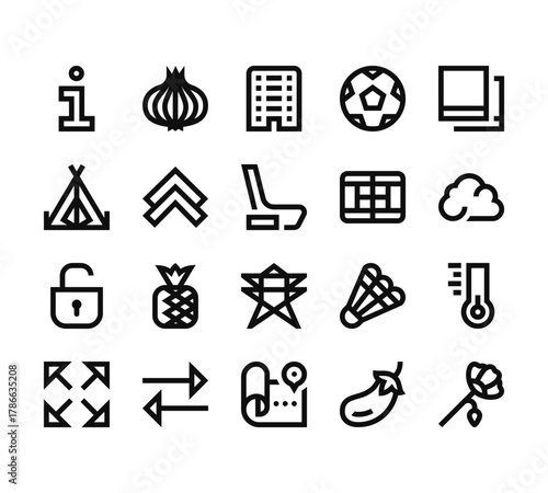 20 set of outline web miscellaneous icons such as onion, tent, open padlock, expand, map vector thin icons for report, presentation, diagram, web design, mobile app