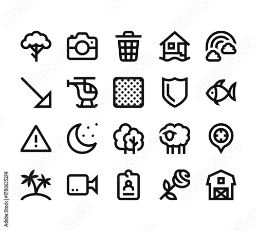 20 set of outline web miscellaneous icons such as photo camera, diagonal arrow, warning, island, id card vector thin icons for report, presentation, diagram, web design, mobile app