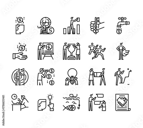 20 set of outline web business strategy icons such as business, hand, achievement, worker, fishing vector thin icons for report, presentation, diagram, web design, mobile app