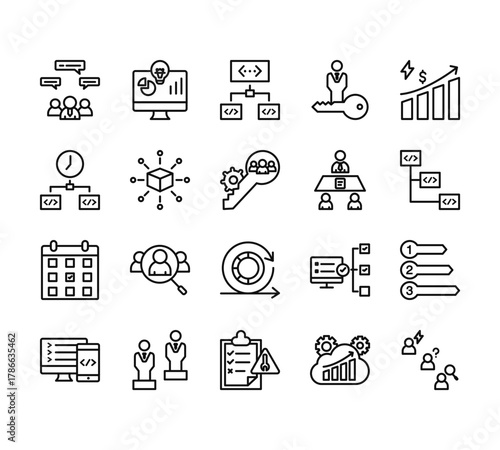 20 set of outline web agile icons such as analytics, productivity, calendar, responsive, clipboard vector thin icons for report, presentation, diagram, web design, mobile app
