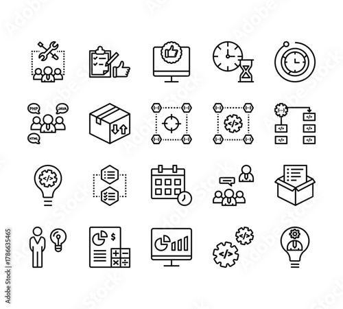 20 set of outline web agile icons such as clipboard, team, idea, man, analytics vector thin icons for report, presentation, diagram, web design, mobile app