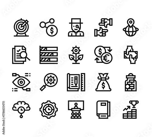 20 set of outline web crowdfunding icons such as network, research, bionic eye, thinking, presentation vector thin icons for report, presentation, diagram, web design, mobile app
