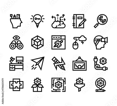 20 set of outline web design thinking icons such as key, observation, workspace, puzzle, maze vector thin icons for report, presentation, diagram, web design, mobile app