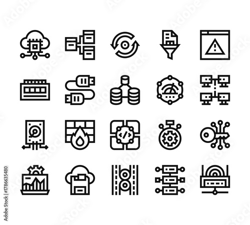 20 set of outline web database and servers icons such as cluster, database, back up, system, data processing vector thin icons for report, presentation, diagram, web design, mobile app
