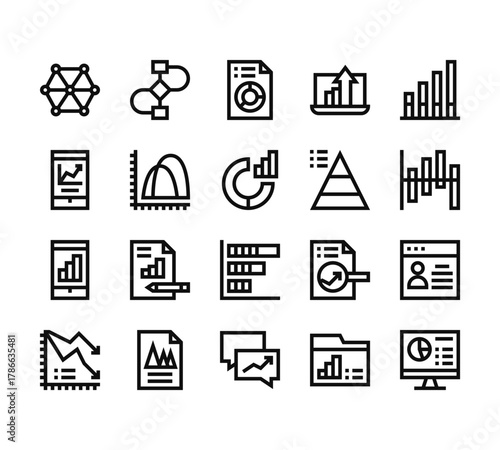 20 set of outline web analytics icons such as flow chart, smartphone, smartphone, line chart, chat vector thin icons for report, presentation, diagram, web design, mobile app