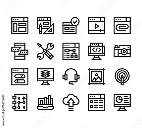 20 set of outline web web design icons such as web de, chat, slider, strategy, upload vector thin icons for report, presentation, diagram, design, mobile app
