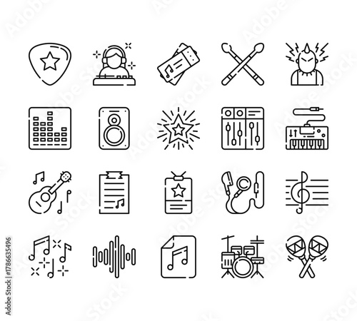 20 set of outline web music icons such as dj, equalizer, ukelele, musical notes, music file vector thin icons for report, presentation, diagram, web design, mobile app