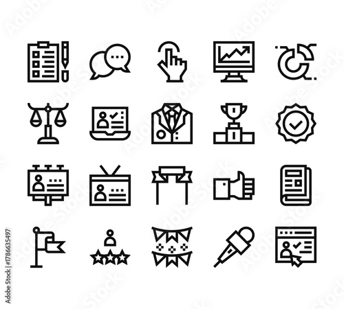 20 set of outline web voting elections icons such as conversation, balance, campaign, flag, garlands vector thin icons for report, presentation, diagram, web design, mobile app