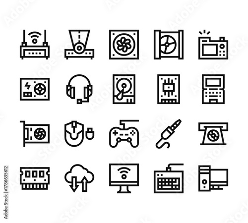 20 set of outline web computer icons such as projector, power, vga card, memory, monitor vector thin icons for report, presentation, diagram, web design, mobile app
