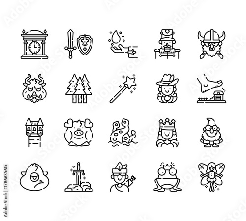 20 set of outline web fairytale icons such as weapon, minotaur, tower, cyclops, robin hood vector thin icons for report, presentation, diagram, web design, mobile app
