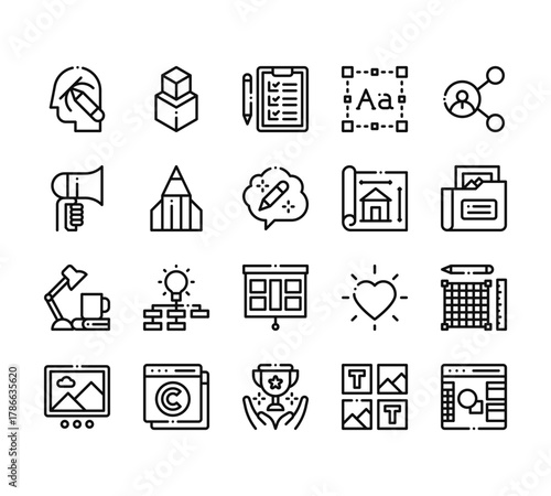 20 set of outline web design thinking icons such as d cube, megaphone, workspace, slide, trophy vector thin icons for report, presentation, diagram, web design, mobile app