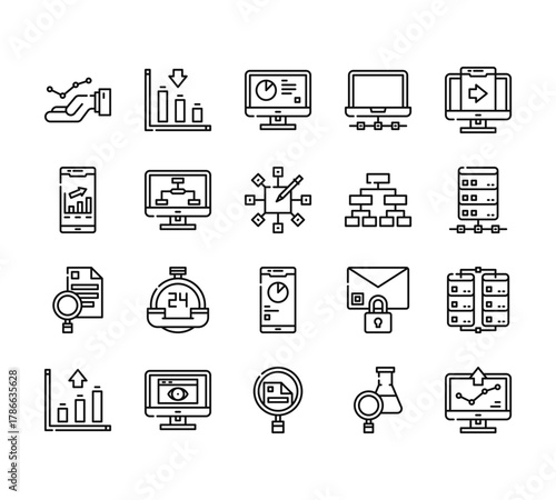 20 set of outline web analytics icons such as analytics, analytics, search, search vector thin icons for report, presentation, diagram, web design, mobile app