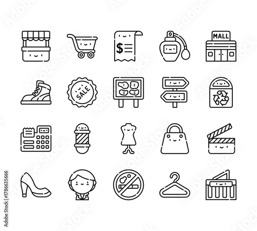 20 set of outline web mall icons such as cart, sneaker, cashier, high heels, no smoking vector thin icons for report, presentation, diagram, web design, mobile app