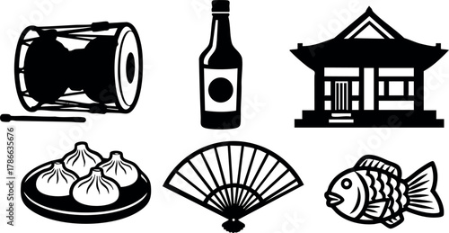 Traditional Asian cultural icons drum bottle dumplings fan fish vector illustration set 