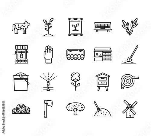20 set of outline web agriculture icons such as plant, well, bucket, hay bale, tree vector thin icons for report, presentation, diagram, web design, mobile app