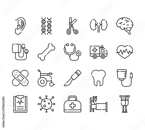 20 set of outline web medical icons such as dna, blood pressure, bandage, clipboard, doctor bag vector thin icons for report, presentation, diagram, web design, mobile app