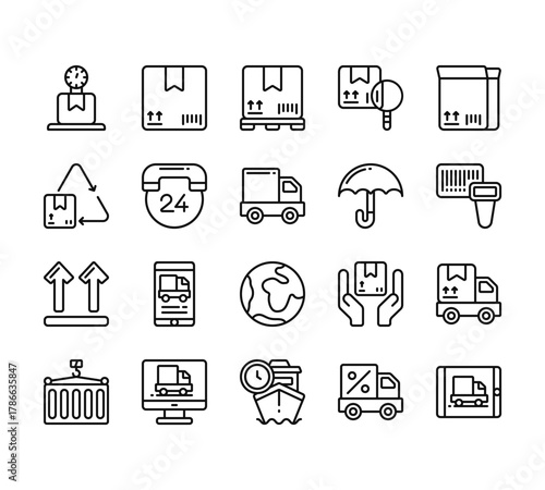 20 set of outline web shipping and delivery icons such as package, package, this side up, container, shipping vector thin icons for report, presentation, diagram, web design, mobile app