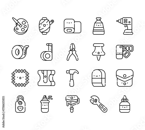 20 set of outline web handcrafts icons such as thread, measuring tape, patch, label, roller vector thin icons for report, presentation, diagram, web design, mobile app