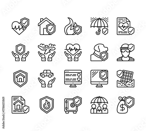 20 set of outline web insurance icons such as home insurance, life insurance, life home safebox vector thin icons for report, presentation, diagram, web design, mobile app
