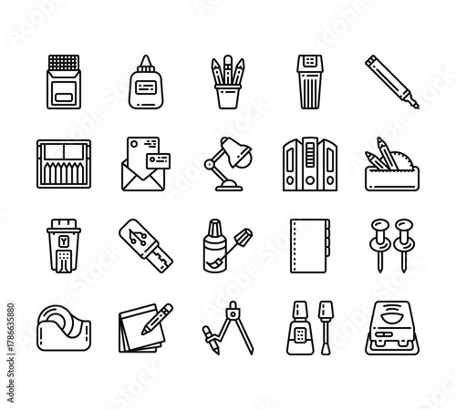 20 set of outline web stationery icons such as glue, post it, ink, tape, compass vector thin icons for report, presentation, diagram, web design, mobile app