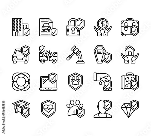 20 set of outline web insurance icons such as car insurance, car insurance, lifesaver, mortarboard, pet vector thin icons for report, presentation, diagram, web design, mobile app